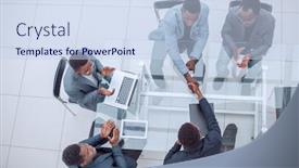  Presentation with shaking hands - Colorful presentation theme enhanced with business-partners-shaking-hands-during backdrop and a sky blue colored foreground