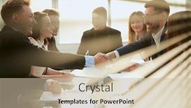  Presentation with shaking hands - Presentation theme with business-partners-shaking-hands-during and a soft green colored foreground