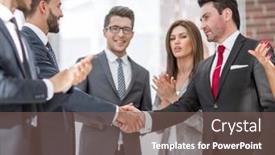  Presentation with shaking hands - Slide deck having business-partners-shaking-hands-handshake background and a violet colored foreground