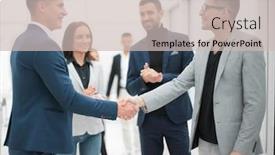  Presentation with partners - Cool new presentation theme with business-partners-shaking-hands-standing backdrop and a soft green colored foreground