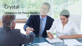  Presentation with business partner - Cool new slide deck with business partners shaking hands backdrop and a  colored foreground