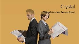  Presentation with partners - Presentation having business partners standing back to back while reading newspaper background and a yellow colored foreground