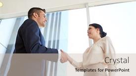  Presentation with partnership - PPT theme having business partnership and people concept - smiling man and woman shaking hands at office background and a soft green colored foreground