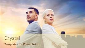  Presentation with partnership - Cool new presentation with business partnership and teamwork concept - businessman and businesswoman standing over city background backdrop and a cream colored foreground