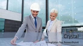  Presentation with partnership - Amazing PPT layouts having business partnership architecture and people concept - smiling businessman and businesswoman with blueprint and helmets on city street backdrop and a light blue colored foreground