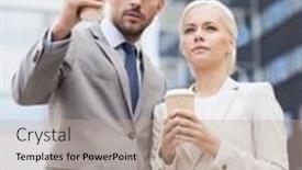  Presentation with partnership - Amazing presentation design having business partnership hot drinks and people concept - serious businessmen with paper cups standing over office building backdrop and a coral colored foreground