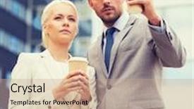  Presentation with partnership - Colorful presentation design enhanced with business partnership hot drinks and people concept - serious businessmen with paper cups standing over office building backdrop and a coral colored foreground
