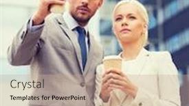  Presentation with partnership - Colorful slide set enhanced with business partnership hot drinks and people concept - serious businessmen with paper cups standing over office building backdrop and a coral colored foreground