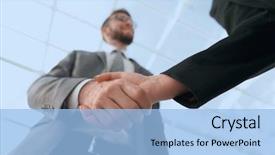  Presentation with partnership - Beautiful PPT layouts featuring business partnership meeting concept image backdrop and a light blue colored foreground