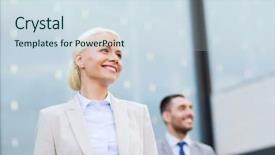  Presentation with partnership - Amazing presentation theme having business partnership success and people concept - close up of smiling businessman and businesswoman standing over office building backdrop and a sky blue colored foreground