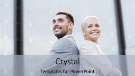  Presentation with partnership - Amazing slide set having business partnership success and people concept - smiling businessman and businesswoman standing over office building backdrop and a light gray colored foreground