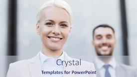  Presentation with partnership - Cool new theme with business partnership success and people concept - smiling businessman and businesswoman standing over office building backdrop and a sky blue colored foreground