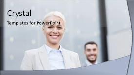  Presentation with partnership - Presentation design having business partnership success and people concept - close up of smiling businessman and businesswoman standing over office building background and a sky blue colored foreground