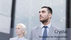  Presentation with partnership - Slide deck with business partnership success and people concept - close up of serious businessman and businesswoman standing over office building background and a light blue colored foreground