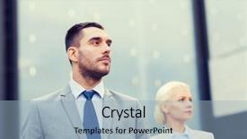  Presentation with partnership - Beautiful slide set featuring business partnership success and people concept - close up of serious businessman and businesswoman standing over office building backdrop and a light blue colored foreground