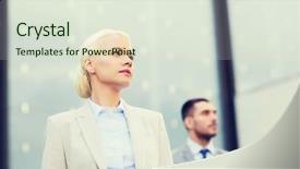  Presentation with partnership - Presentation design enhanced with business partnership success and people concept - close up of serious businessman and businesswoman standing over office building background and a sky blue colored foreground