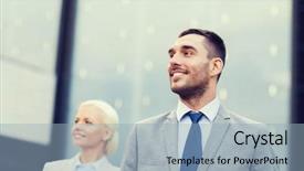  Presentation with partnership - Beautiful theme featuring happy client - business partnership success and people backdrop and a light blue colored foreground