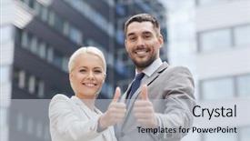  Presentation with success business - Slide deck enhanced with business partnership success gesture and people concept - smiling businessman and businesswoman showing thumbs up over office building background and a lemonade colored foreground