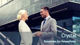  Presentation with partnership - PPT theme with business partnership success gesture and people concept - smiling businessman and businesswoman shaking hands on city street background and a ocean colored foreground