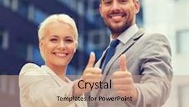  Presentation with partnership - Cool new slides with business partnership success gesture and people concept - smiling businessman and businesswoman showing thumbs up over office building backdrop and a coral colored foreground