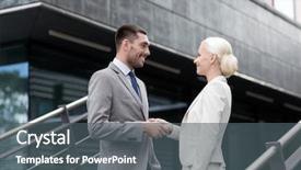  Presentation with partnership - Cool new slide deck with business partnership success gesture and people concept - smiling businessman and businesswoman shaking hands on city street backdrop and a dark gray colored foreground