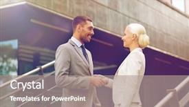  Presentation with partnership - Cool new PPT theme with business partnership success gesture and people concept - smiling businessman and businesswoman shaking hands on city street backdrop and a coral colored foreground