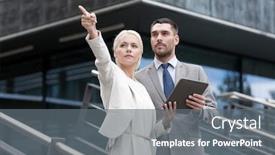  Presentation with partnership - Presentation theme featuring business partnership technology and people concept - serious businessman and businesswoman with tablet pc computer over office building background and a gray colored foreground