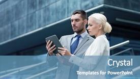  Presentation with partnership - Cool new theme with business partnership technology and people concept - businessman and businesswoman working with tablet pc computer on city street backdrop and a teal colored foreground