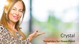  Presentation with hand print - PPT theme featuring business party invitation - beautiful middle age woman wearing background and a coral colored foreground