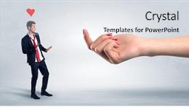  Presentation with love between man and woman - Colorful slide deck enhanced with business party invitation - big naked hand baiting man backdrop and a  colored foreground