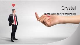  Presentation with love between man and woman - Beautiful slides featuring business party invitation - big naked hand baiting man backdrop and a  colored foreground