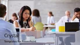  Presentation with personal package - Audience pleasing presentation design consisting of business people african american hispanic - businesswoman on phone arranging collection backdrop and a light blue colored foreground