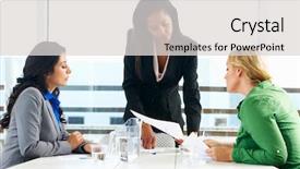  Presentation with women meeting - Colorful presentation enhanced with business people african american hispanic - group of women meeting backdrop and a  colored foreground