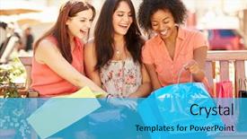  Presentation with paper bag vs plastic bags - Slide deck with business people african american hispanic - three female friends with shopping background and a  colored foreground