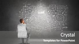  Presentation with office chair - Presentation theme consisting of business people and advertisement concept - businessman in suit sitting in office chair over blank white board or screen on gray wall background from back background and a gray colored foreground