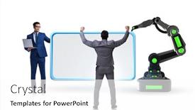  Presentation with robotic - Colorful PPT theme enhanced with business-people-and-blank-poster backdrop and a white colored foreground