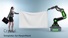  Presentation with robotic - Slide deck enhanced with business-people-and-blank-poster background and a light blue colored foreground