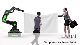  Presentation with robotic - Beautiful slide deck featuring business-people-and-blank-poster backdrop and a white colored foreground