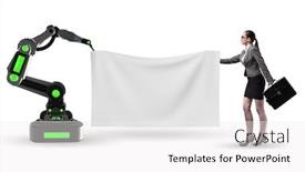  Presentation with robotic - Colorful slide set enhanced with business-people-and-blank-poster backdrop and a white colored foreground