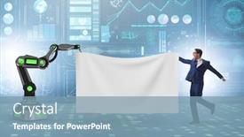  Presentation with robotic - Audience pleasing presentation design consisting of business-people-and-blank-poster backdrop and a seafoam green colored foreground