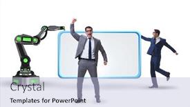  Presentation with robotic - Presentation design having business-people-and-blank-poster background and a light blue colored foreground