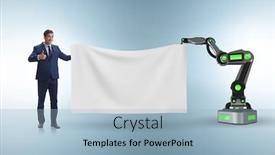  Presentation with robotic - Audience pleasing presentation theme consisting of business-people-and-blank-poster backdrop and a light blue colored foreground
