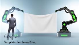  Presentation with robotic - Amazing presentation theme having business-people-and-blank-poster backdrop and a light blue colored foreground