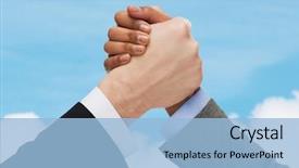  Presentation with wrestling - PPT theme consisting of business people and competition concept - close up of two people hands arm wrestling over blue sky and white cloud background background and a light blue colored foreground