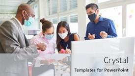  Presentation with covid - Slide set having business-people-and-consultants background and a sky blue colored foreground