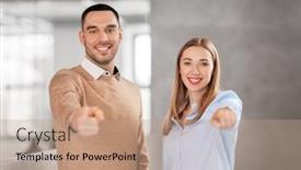  Presentation with corporate - Theme featuring business people and corporate concept - happy smiling businesswoman and businessman pointing at you at office background and a coral colored foreground