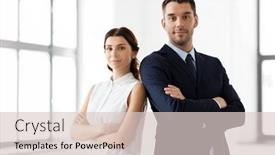  Presentation with corporate - Beautiful theme featuring business people and corporate concept - happy smiling businesswoman and businessman at office backdrop and a lemonade colored foreground