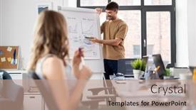  Presentation with flip chart - Slide set featuring business-people-and-corporate-concept background and a coral colored foreground