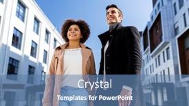  Presentation with international business - Beautiful theme featuring business people and corporate concept - happy international man and woman on city street backdrop and a teal colored foreground