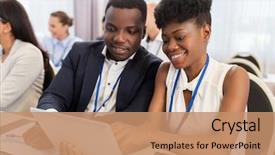  Presentation with international education - Colorful slide set enhanced with business people and education concept backdrop and a coral colored foreground